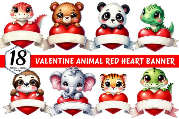 Charming Valentine Animal Red Heart Banner Bundle for Designers